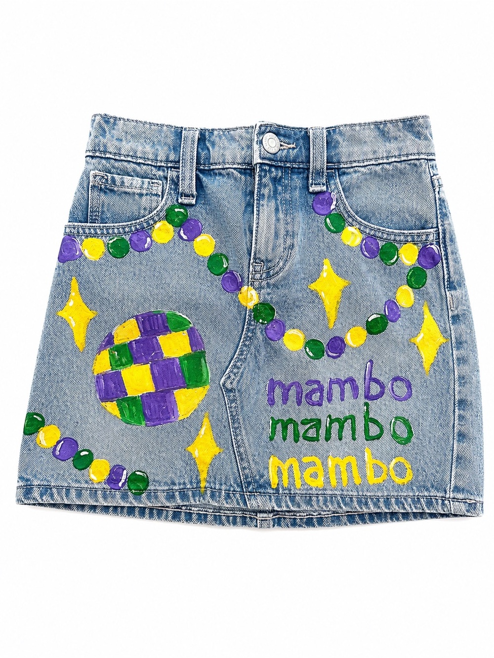 Hand-Painted Denim Skirt with Mardi Gras Motif Mardi Gras Mambo Kids